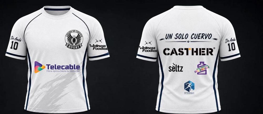 Playera de entrenamiento blanca, frente y espalda, con los logos de los aliados